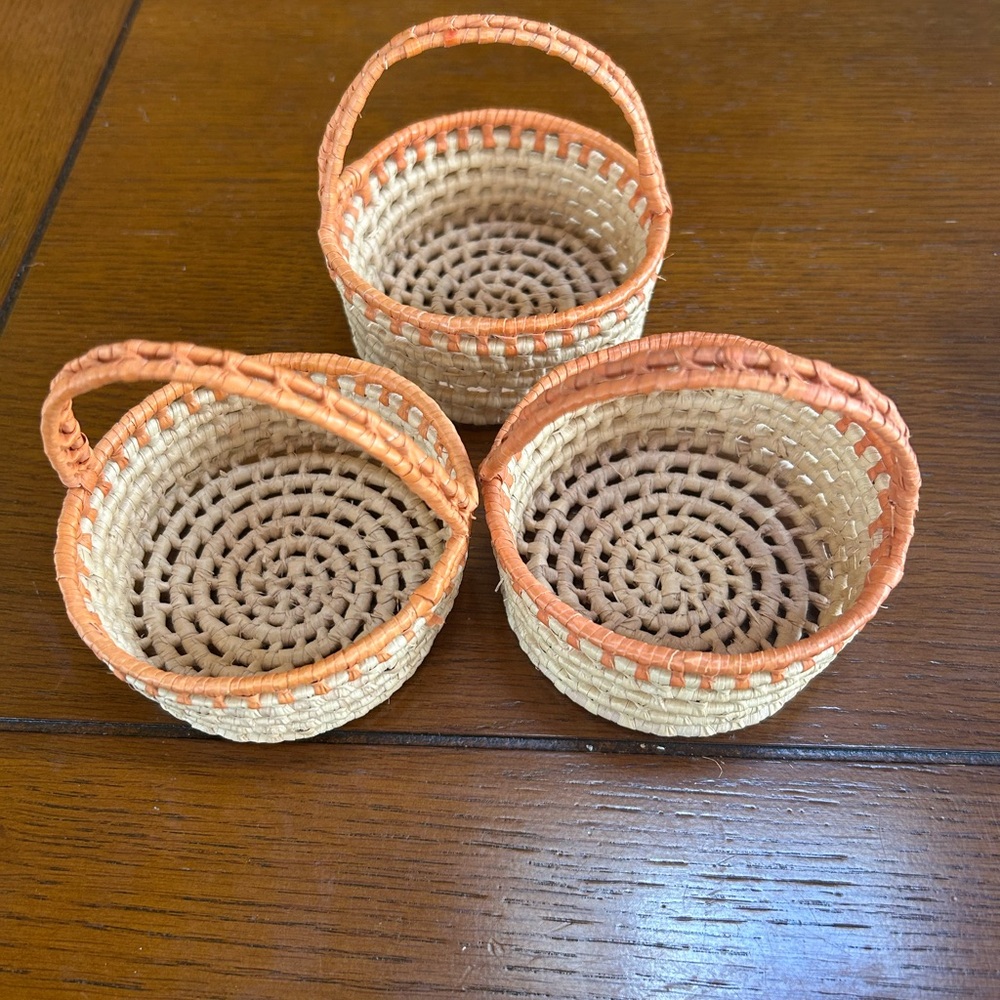Brazilian Handwoven Tan and Orange Basket Set of 2.